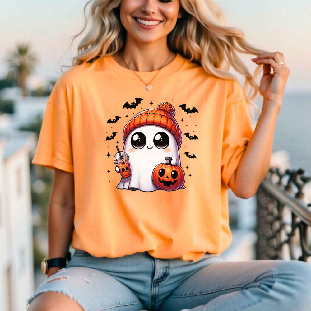 Ghost with Drink and Pumpkin Short-Sleeve T-Shirt