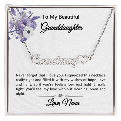 To My Beautiful Granddaughter  Name Necklace + Heart Character