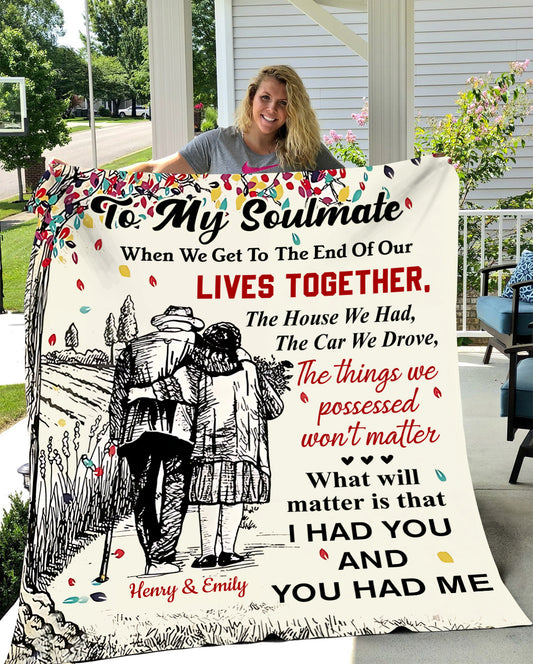 Soulmate Gift - When We Get To The End - Old Couple Sketch Personalized Blanket